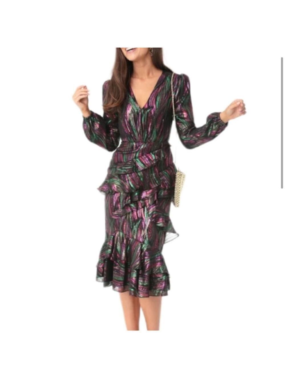 NEW Saloni Alya Black Rainbow Oilspill Silk Metallic Midi Dress Size 4 - Picture 6 of 16